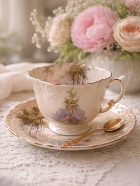 Aynsley Bluebell Time Vintage Floral Gold Trim Teacup & Saucer Set